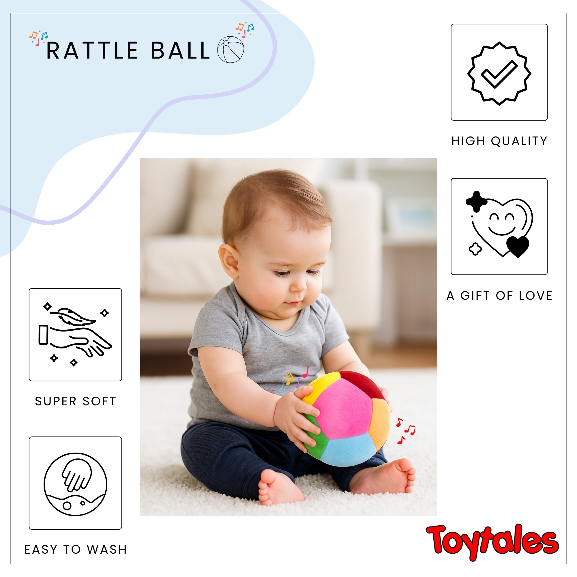 TOYTALES Plush Rattle Ball – Soft Colorful Baby Toy 14cm