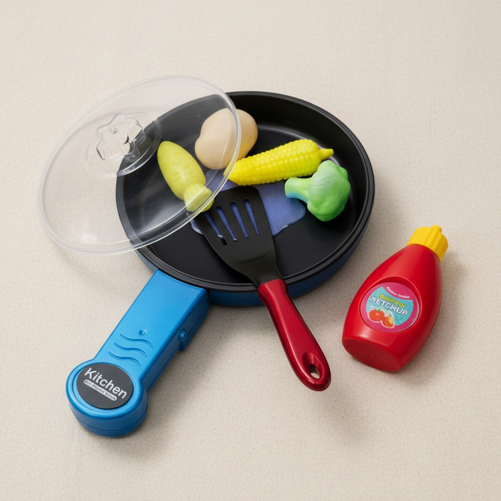 Kids Pretend Play Kitchen Toy Set with Frying Pan, Spatula, Vegetables & Ketchup Bottle – Educational Cooking Role Play Set for Toddlers & Children