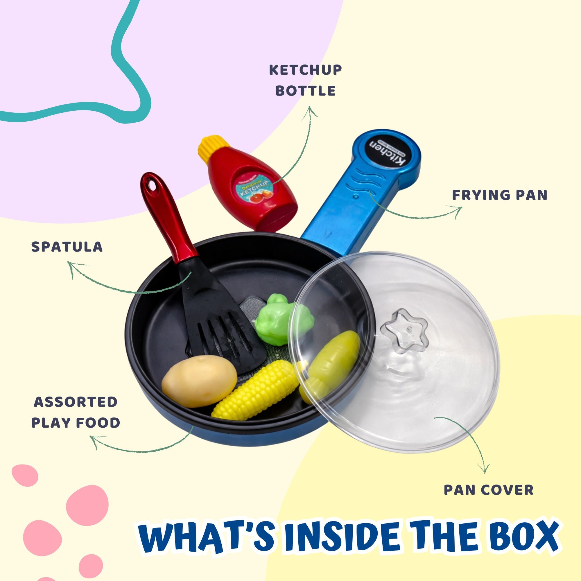Kids Pretend Play Kitchen Toy Set with Frying Pan, Spatula, Vegetables & Ketchup Bottle – Educational Cooking Role Play Set for Toddlers & Children