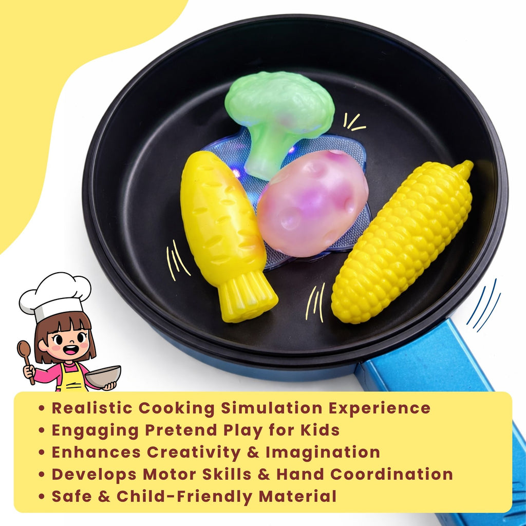 Kids Pretend Play Kitchen Toy Set with Frying Pan, Spatula, Vegetables & Ketchup Bottle – Educational Cooking Role Play Set for Toddlers & Children