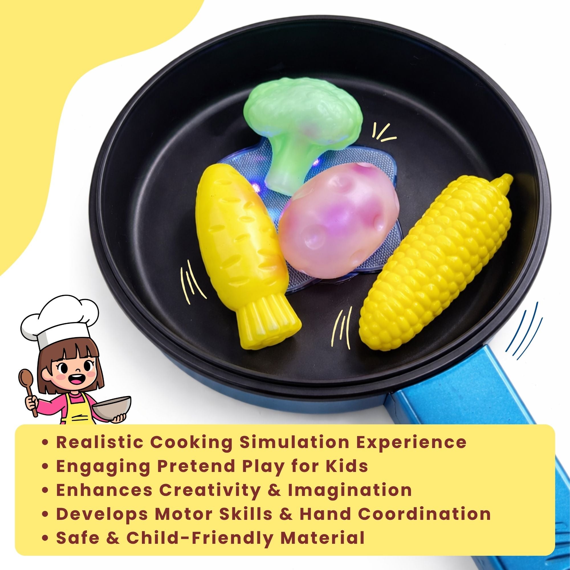 Kids Pretend Play Kitchen Toy Set with Frying Pan, Spatula, Vegetables & Ketchup Bottle – Educational Cooking Role Play Set for Toddlers & Children