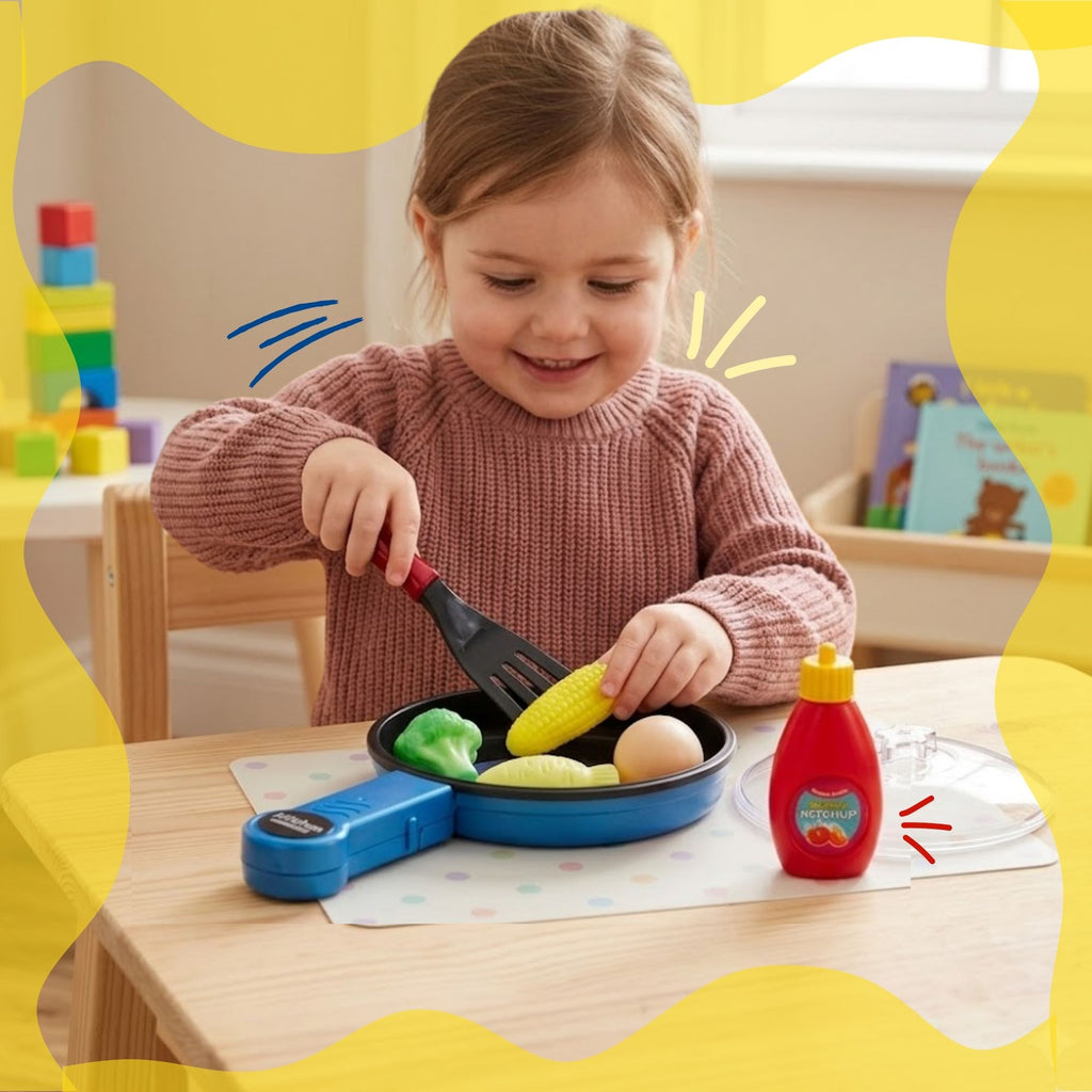 Kids Pretend Play Kitchen Toy Set with Frying Pan, Spatula, Vegetables & Ketchup Bottle – Educational Cooking Role Play Set for Toddlers & Children