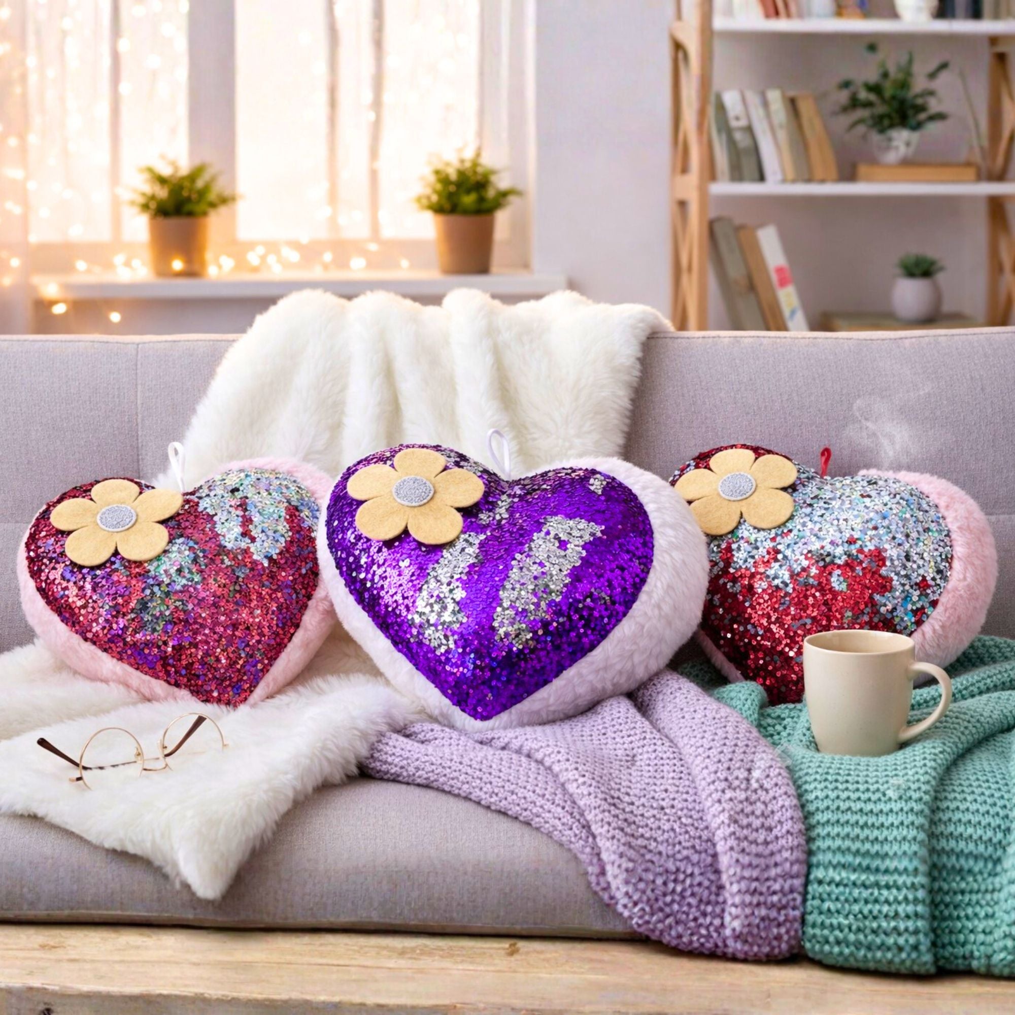 TOYTALES Reversible Sequin Heart Cushion Plush Decorative Pillow (Pack of 1)