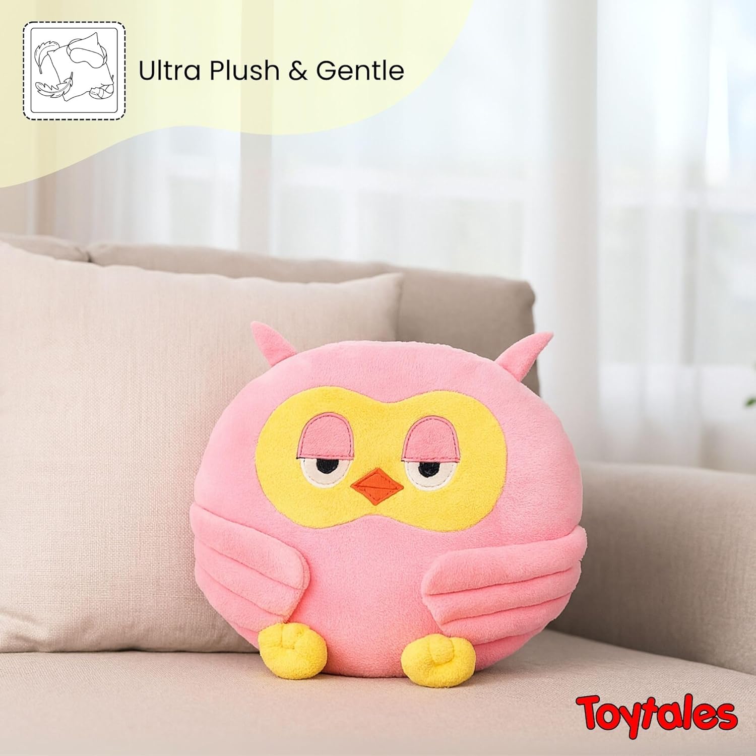 TOYTALES Owl Plush Pillow Pink Soft Round Cushion Toy for Kids