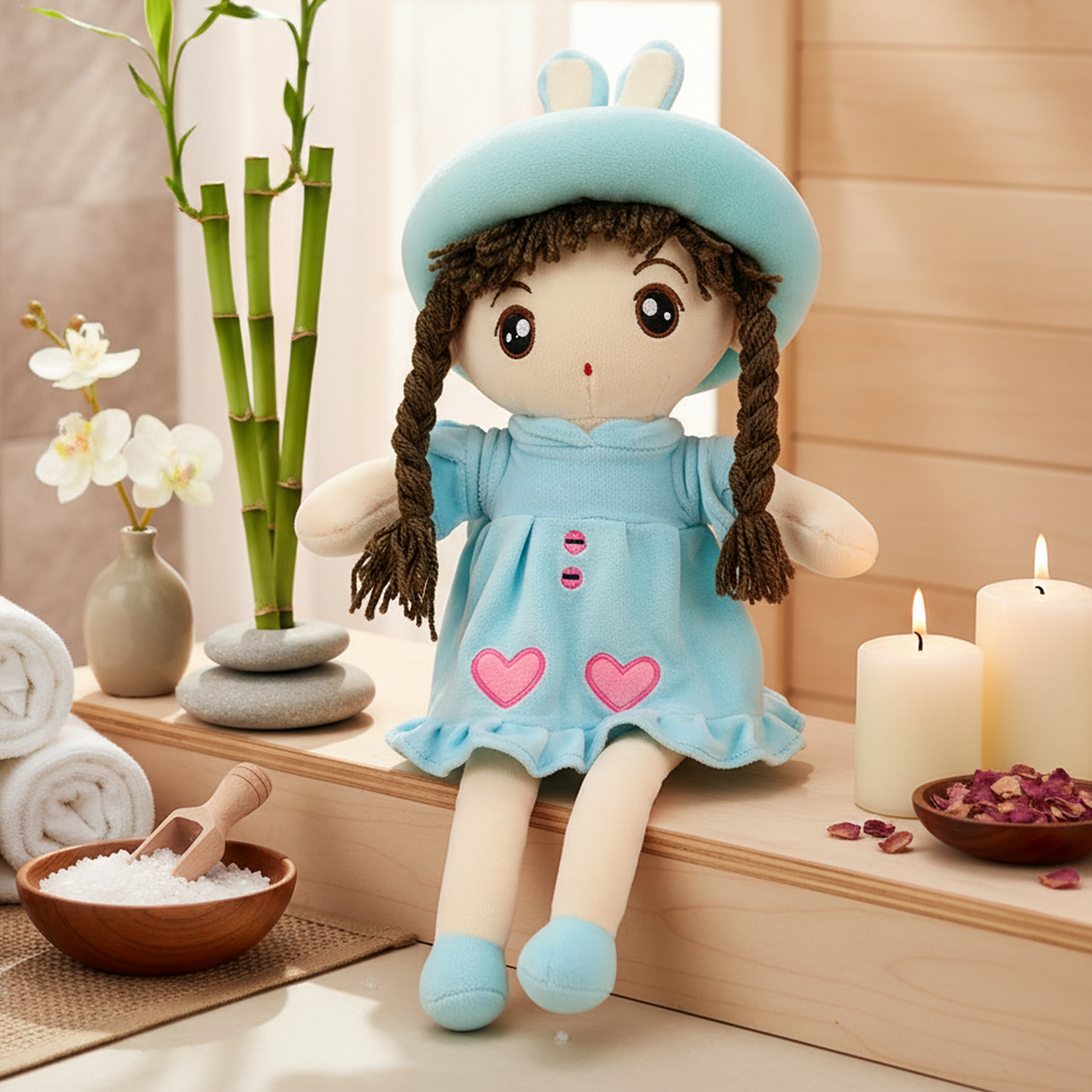 TOYTALES Soft Stuffed Doll with Bunny Hat Washable Huggable Plush Doll For Kids